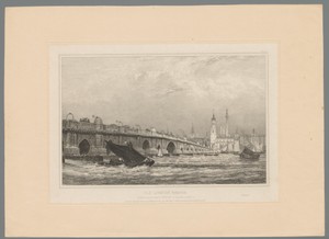 Gezicht op de oude London Bridge, met het Monument en de St. Magnus-the-Martyrkerk in de achtergrond