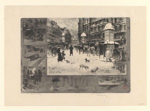 Gezicht op de Place Gustave-Toudouze in de sneeuw