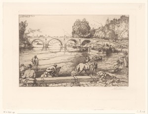Gezicht op de Pont Marie met figuren in de Seine