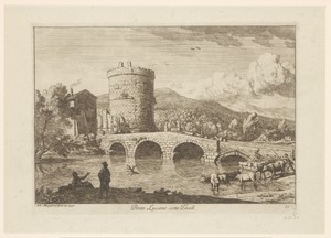 Gezicht op de Ponte Lucano nabij Tivoli met drinkende koeien