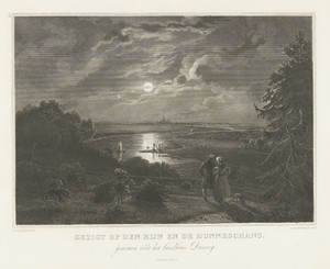 Gezicht op de Rijn en de Hunneschans bij het dorp Uddel bij maanlicht
