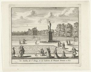 Gezicht op de tuin en de Galerie François I van het paleis van Fontainebleau