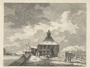 Gezicht op de verzakte Eerste Muiderpoort te Amsterdam vanaf de schans