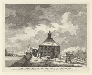 Gezicht op de verzakte Eerste Muiderpoort te Amsterdam vanaf de schans