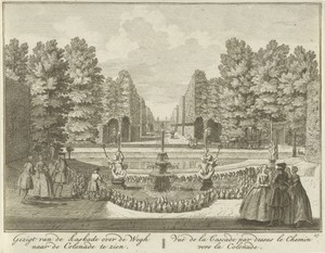 Gezicht op de vijver richting de colonnade in de tuin van Huis ter Meer te Maarssen