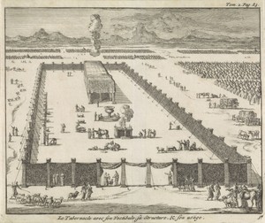 Gezicht op de voorhof en het tabernakel