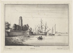 Gezicht op Dordrecht met schepen