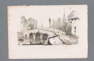 Gezicht op een brug met poort, op de achtergrond een kerk