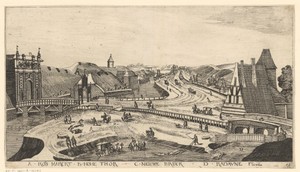 Gezicht op een buitenplaats bij Danzig, met links de stadspoort grenzend aan de Hoge Toren