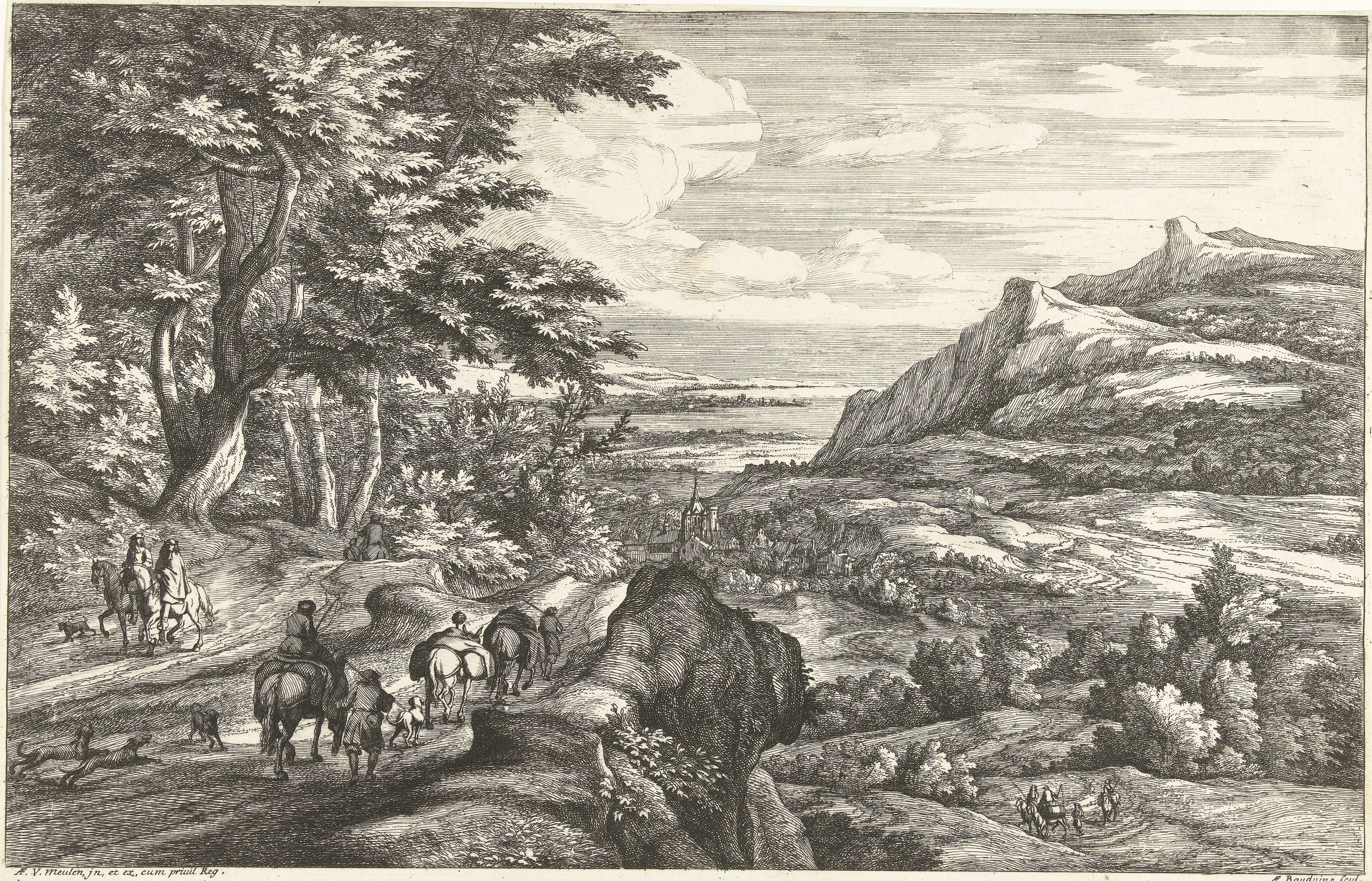 Gezicht op een dal met een dorp en de kust by Adriaen Frans Boudewyns