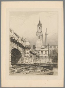Gezicht op een deel van de oude London Bridge, het Monument en de St. Magnus-the-Martyr kerk