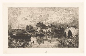 Gezicht op een dorp aan het water met rechts en links een brug