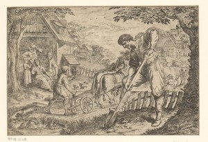 Gezicht op een dorp met boeren