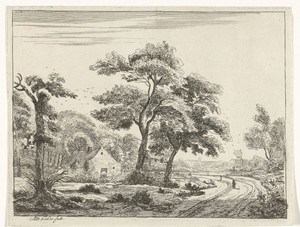 Gezicht op een dorp met een boerderij in het midden