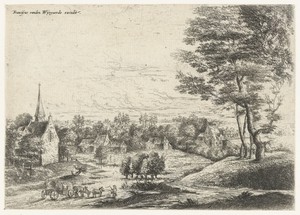 Gezicht op een dorp met een huifkar