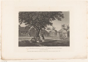 Gezicht op een dorp met inwoners van Saint John's te Antigua