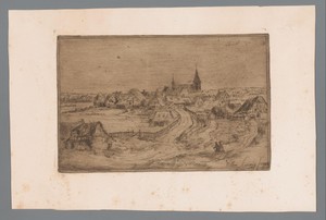 Gezicht op een dorp met kerk op de achtergrond