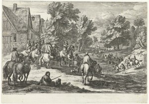 Gezicht op een dorp met ruiters op de voorgrond
