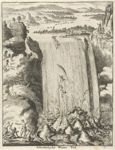 Gezicht op een grote waterval waarin twee kano's worden meegesleept