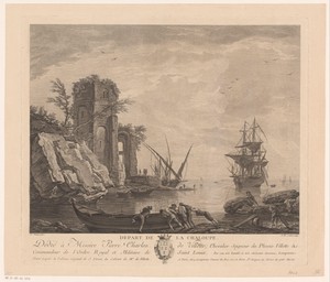 Gezicht op een haven met ruïne en figuren bij een sloep