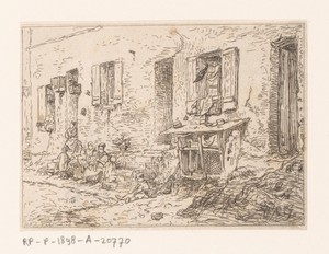 Gezicht op een huis met links een groep figuren
