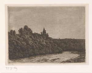 Gezicht op een kasteel op de hoge linkeroever aan een rivier