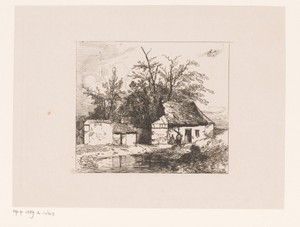 Gezicht op een kleine rietgedekte woning met een beek op de voorgrond