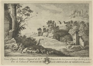 Gezicht op een landschap met herders