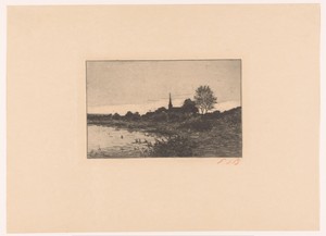 Gezicht op een meer bij het vallen van de avond, op de achtergrond een kerktoren