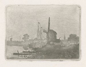 Gezicht op een molen aan het water
