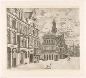 Gezicht op een plein met monumentale bouwwerken