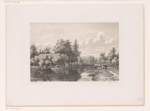 Gezicht op een rivier met boerderij en ophaalbrug