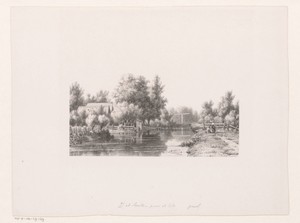 Gezicht op een rivier met boerderij en ophaalbrug