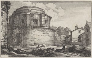 Gezicht op een rond Romeins gebouw