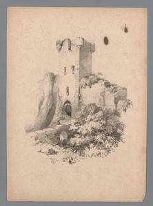 Gezicht op een ruïne van een toren met poort