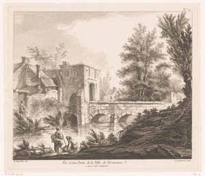 Gezicht op een stadspoort aan het water