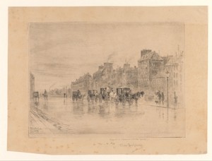 Gezicht op een straat met koetsen op een regenachtige dag