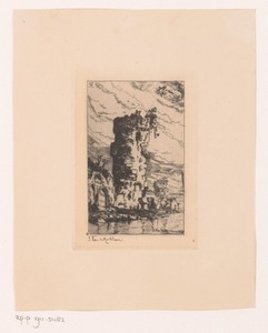 Gezicht op een torenruïne aan een rivier