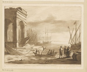 Gezicht op een zeehaven bij rotsachtige kust met Romeins bouwwerk