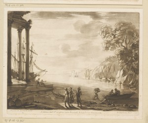 Gezicht op een zeehaven met een tempel