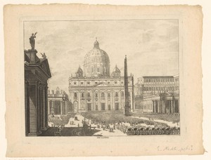 Gezicht op façade van de Sint-Pietersbasiliek en het Sint-Pietersplein