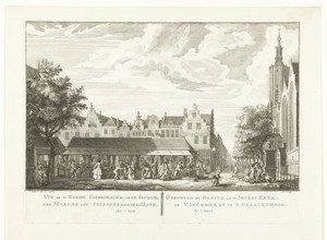 Gezicht op Grote of Sint Jacobskerk en Vismarkt te Den Haag