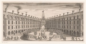 Gezicht op het amfitheater op het Place Dauphine te Parijs