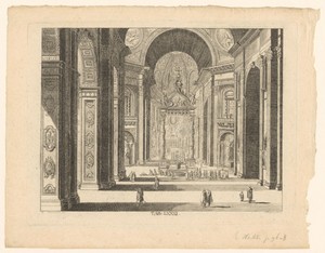 Gezicht op het interieur van de Sint-Pietersbasiliek en de Balcacchino.