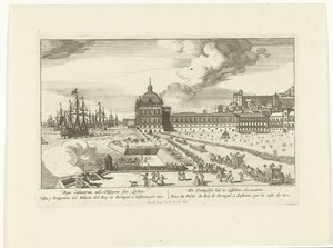 Gezicht op het Koninklijk Paleis te Lissabon en het voorplein met mensen