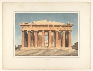 Gezicht op het Parthenon met zittende pijprokende figuur