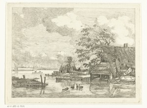 Gezicht op het Spaarne met scheepstimmerwerf en washuis bij Haarlem