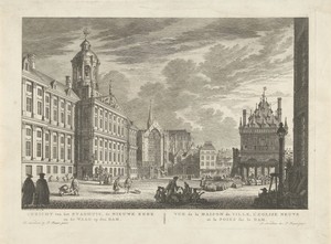 Gezicht op het Stadhuis, de Nieuwe Kerk en de Waag op de Dam te Amsterdam