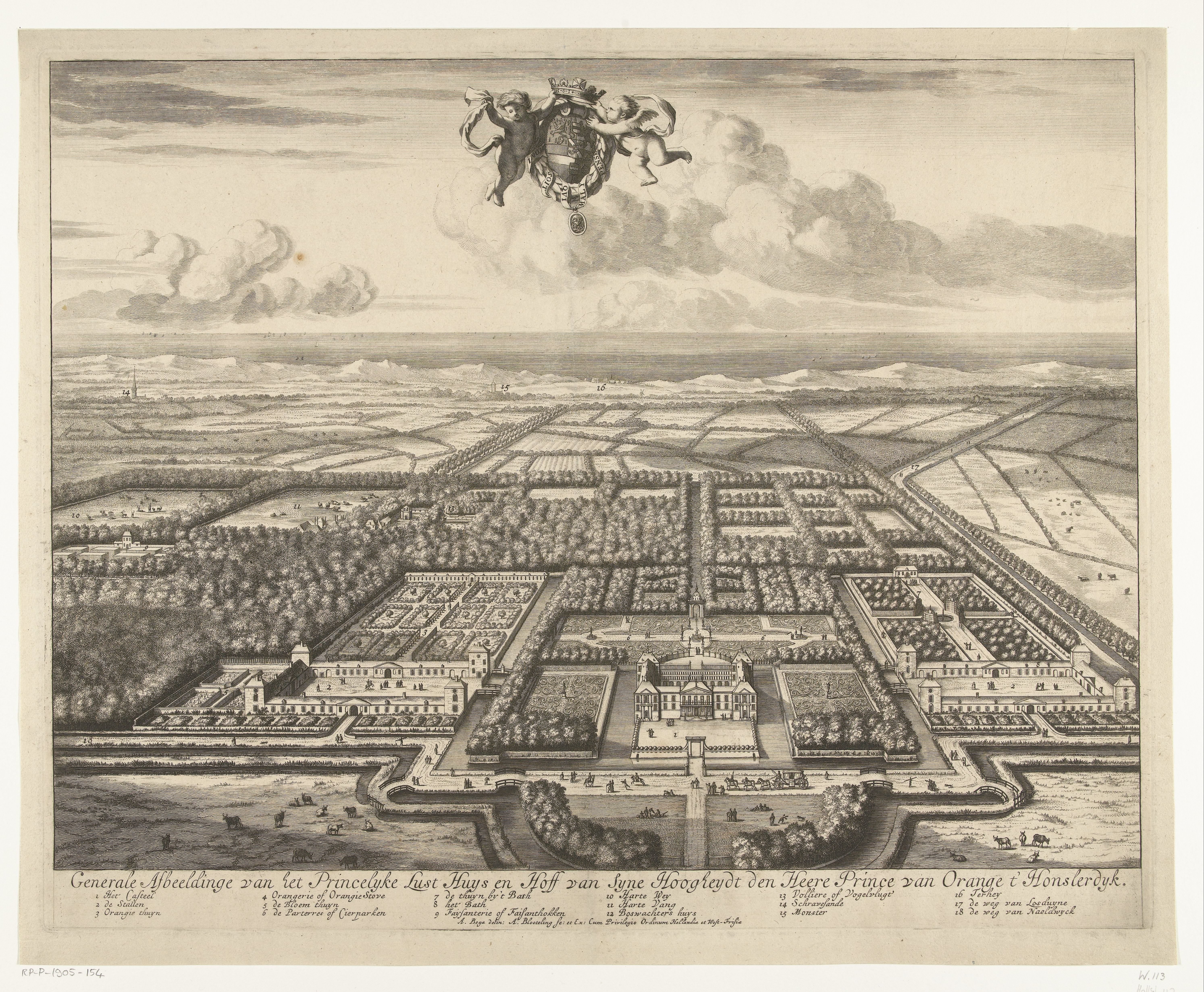 Gezicht op Honselaarsdijk in vogelvlucht by Abraham Bloteling