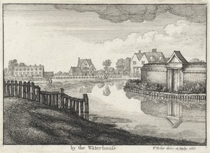 Gezicht op huizen langs een rivier in de buurt van Londen